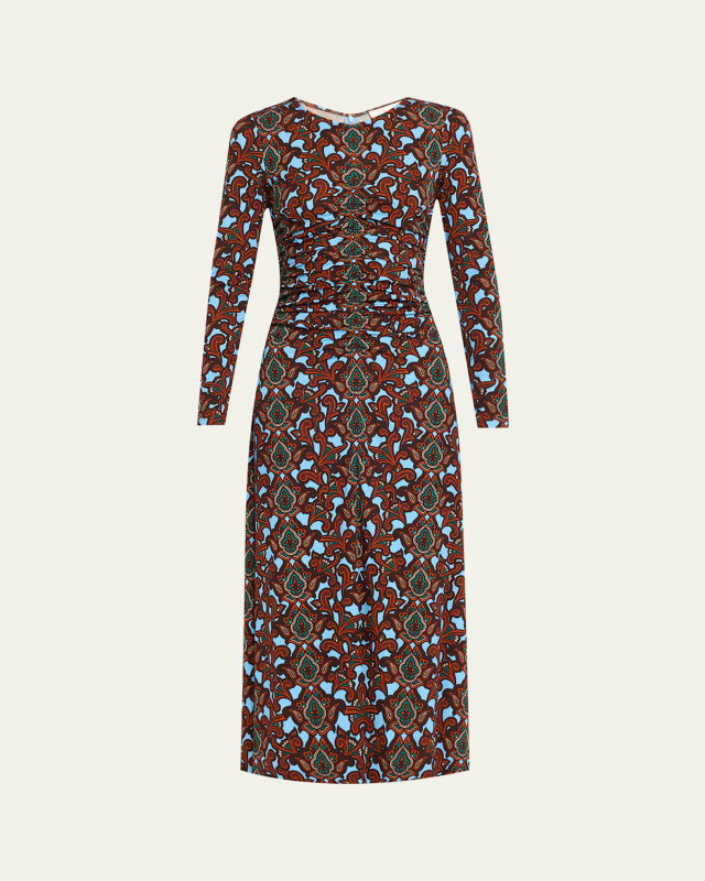 Maisy Long-Sleeve Floral Ruched Midi Dress